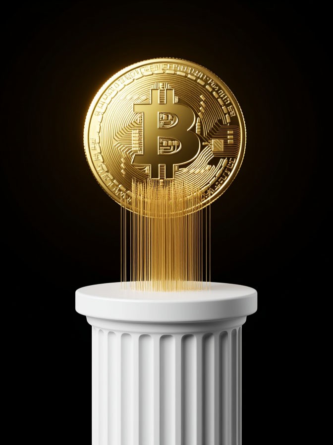 Golden Bitcoin hovering above a white pedestal with glowing light streams, symbolizing accelerated digital growth and investment potential.